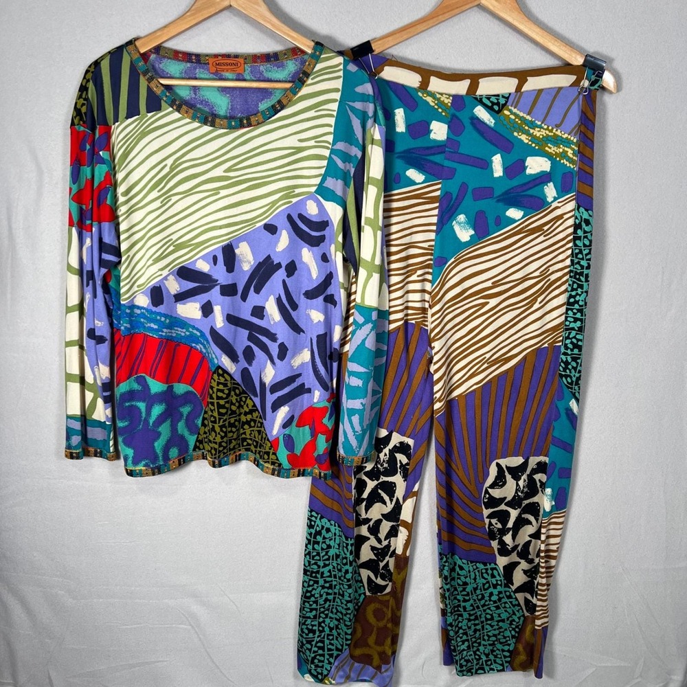 Missoni Silk Jersey Patchwork Knit Top Pants Set Vibrant Late 80s VTG‎ 46/12–14